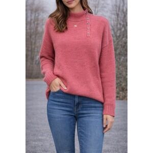 Johnstons of Elgin Cashmere Sweater Pink Mock Neck Button Scotland Womens L/XL